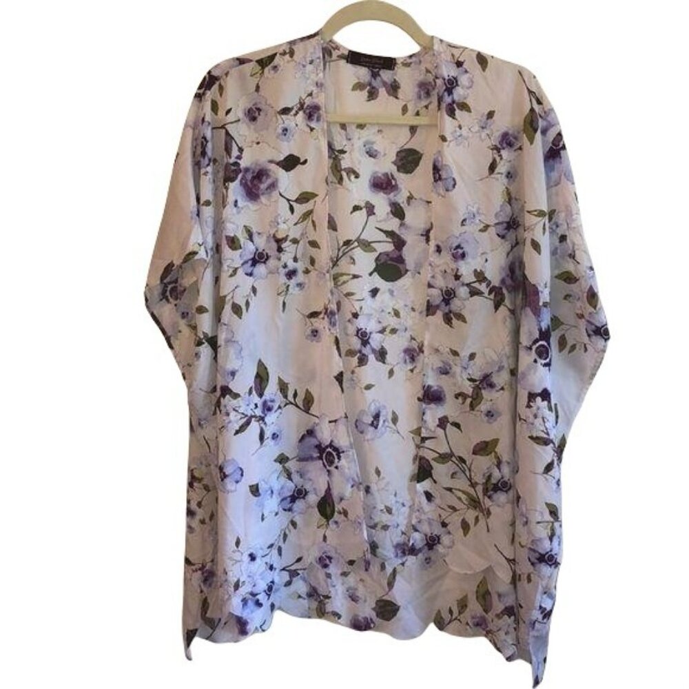 Floral Open-Front Kimono Cardigan Laine Street Small Lightweight Sheer Floral